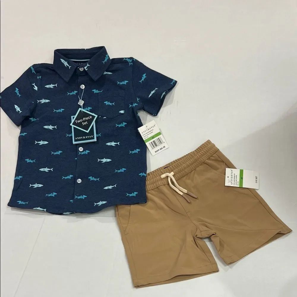 Andy & Evan Navy shark print button up shirt and tan shorts 2 piece set NWT